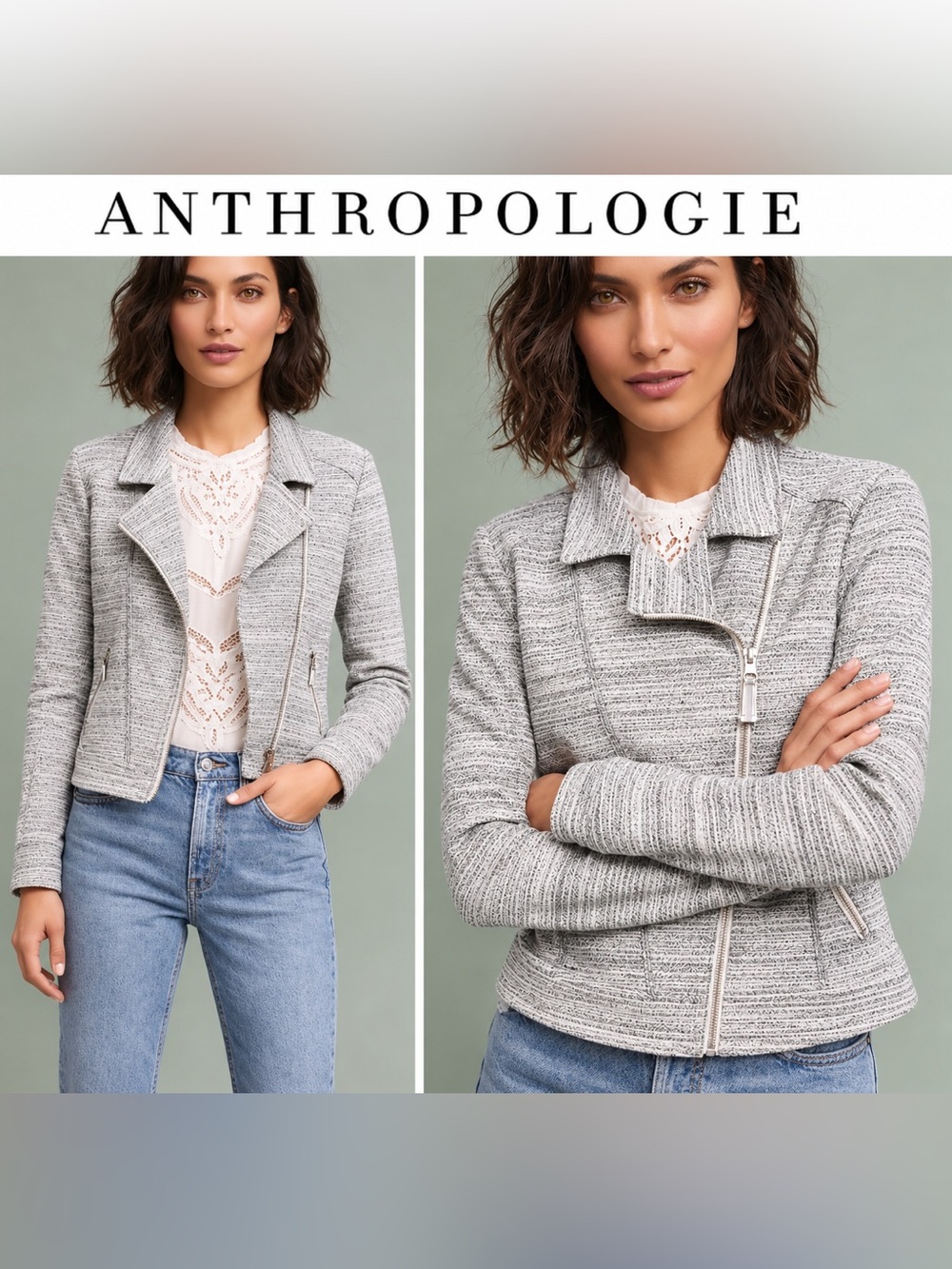 Anthropologie Caitlin Marled Knit Moto Jacket Gray Cream Cotton Size L